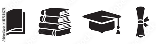 Books, graduation cap, and diploma icons represent academic achievement, learning, and the journey of education from study to graduation.