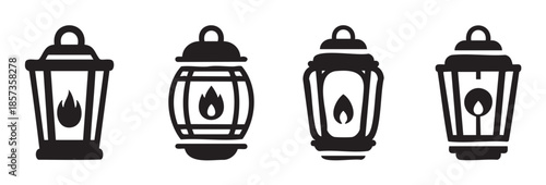 Four stylized black and white lanterns with glowing flames offer a versatile collection of vintage and modern light source icons for various design projects.