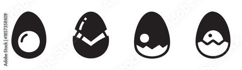 Four black and white egg icons illustrate the hatching process from a whole egg to a chick emerging, representing new life and development.