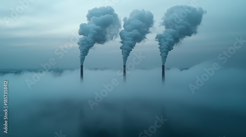 Three plumes of white smoke, billowing from towering industrial chimneys, pierced the overcast sky, painting a dramatic scene of human industry against the vast expanse of the atmosphere, a 