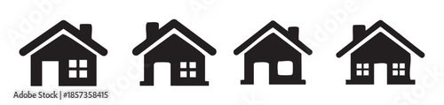 Four black house icons representing real estate, property, and residential buildings, suitable for web design, apps, and various graphic projects.
