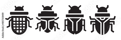Four stylized beetle icons representing various insect species in a modern, minimalist black and white graphic design, perfect for nature or technology themes.