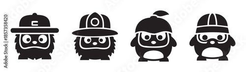 Four cute cartoon characters wearing various hats and helmets stand together, showcasing different adorable personas and styles in a simple graphic illustration.