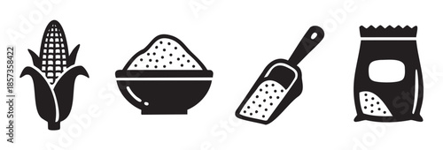 Corn grain products and farming related icons depicting an ear, bowl, scoop, and bag of kernels in a simple black and white style.