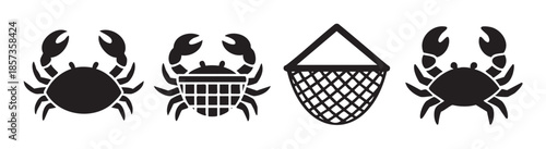 Crab fishing and trapping icons set featuring various marine crustaceans and equipment for catching seafood, presented in a simple black silhouette style.