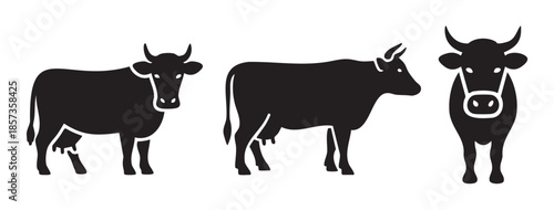 Three black silhouette cow icons representing livestock animals, dairy farming, and agricultural themes in a simple vector illustration style.