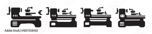 Industrial lathe machines are presented as a set of four black silhouette icons, showcasing various types of metalworking equipment.