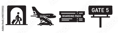 Airport travel icons illustrating the journey from terminal entrance to boarding an airplane, complete with a boarding pass and gate sign.