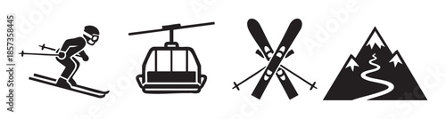 Skiing and mountain winter sports icons set, featuring a downhill skier, a gondola, crossed skis, and a snowy peak with a winding trail.
