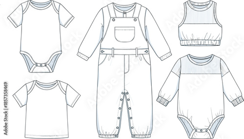 baby clothing technical sketch set, infant bodysuit romper overalls, kids fashion apparel, flat design, textile illustration, white background