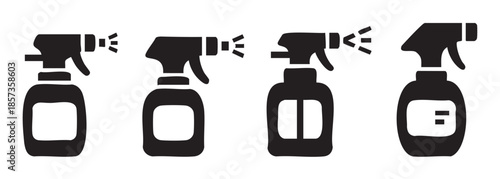 Four different spray bottles with various designs and functions are depicted as black silhouette icons, representing cleaning, hygiene, and liquid dispensing.