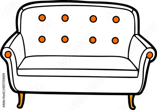 A cartoon illustration of a two-seater sofa. The sofa is the primary subject, centered against a stark white background. The sofa's frame and back are a vibrant, solid red, featuring a curved design a