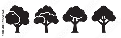 Four distinct black silhouette tree icons representing nature's diversity and environmental themes in a simple graphic vector style.