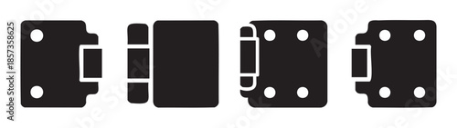 Door hinges hardware icons set featuring various styles and designs for construction, repair, and home improvement projects, illustrating essential mechanical components.