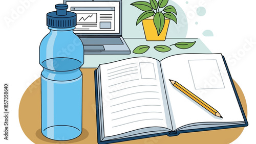 Study Desk Essentials with Notebook Water Bottle and Plant.