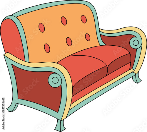 A cartoon illustration of a two-seater sofa. The sofa is the primary subject, centered against a stark white background. The sofa's frame and back are a vibrant, solid red, featuring a curved design a
