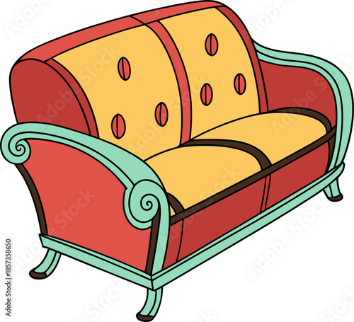A cartoon illustration of a two-seater sofa. The sofa is the primary subject, centered against a stark white background. The sofa's frame and back are a vibrant, solid red, featuring a curved design a