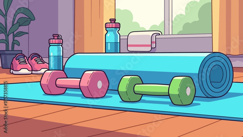 Bright Home Gym Setup with Dumbbells and Mat.