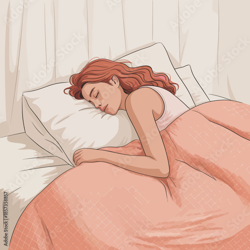 A serene image of a young woman sleeping peacefully under a cozy pink blanket, embodying relaxation and tranquility, ideal for conveying restful moments in life.