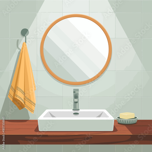 This contemporary bathroom scene features a stylish sink and mirror, creating a serene environment perfect for relaxation and self-care in a minimalistic aesthetic.