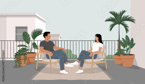 A relaxed scene of two friends engaged in a meaningful conversation on a balcony surrounded by greenery, emphasizing connection, companionship, and peaceful moments.