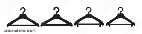Four black clothes hangers arranged horizontally in a row, creating a minimalist and clean graphic illustration for fashion and retail concepts.