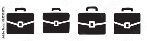 Four black briefcases icon set representing business, professionalism, and corporate work, ideal for various digital and print design projects.