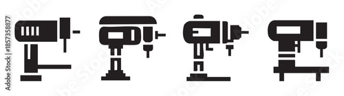 Four black silhouette drill presses and power tools are depicted as industrial equipment icons, representing manufacturing, construction, and workshop tasks.