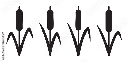 Four black cattail plants stand tall in a row, showcasing a minimalist and stylized graphic design element suitable for various projects.