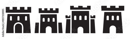 Four black castle towers are presented as a set of strong, simple vector icons, conveying themes of protection, heritage, and fantasy.