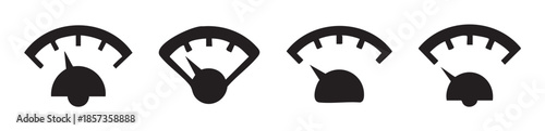 Four black speedometer icons representing different measurement levels, indicating speed, performance, or progress in a clear visual manner.