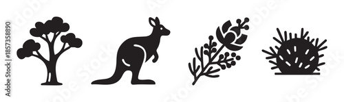 Australian native wildlife and flora icons are presented as a collection of simple black silhouettes, representing the country's unique natural heritage.