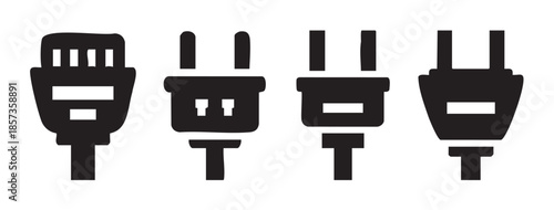 Collection of various electrical plugs and network connectors, depicted as simple black silhouette icons, representing power and data connectivity.