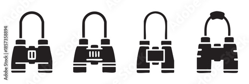 Four different binoculars icons representing observation, exploration, and adventure, perfect for navigation, tourism, and outdoor activity designs.