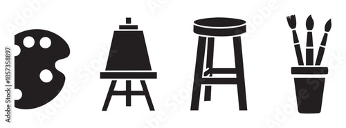 Art supplies, painting tools, and artist equipment icons including a palette, easel, stool, and paintbrushes, representing creativity and artistic endeavors.