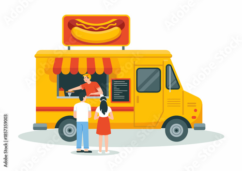 Bild auf Leinwand A lively scene of people ordering hot dogs from a colorful food truck, bustling with energy and showcasing urban street food culture and casual dining