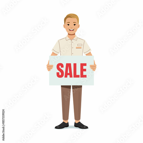 A cheerful salesperson stands with a large 'SALE' sign in their hands, inviting customers with a friendly smile, ideal for promotional marketing and retail environments.