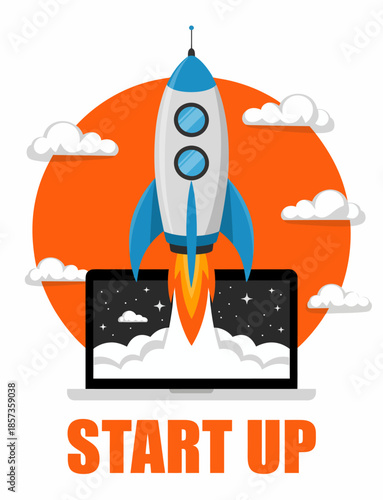 This dynamic startup image showcases a rocket launching from a laptop, symbolizing ambition, innovation, and the exciting journey of starting a new business venture.