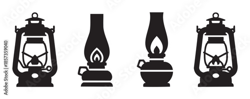 Vintage lamps and lanterns vector icon set featuring traditional kerosene hurricane lamps and classic oil lamps with stylized flames, illustrating old-fashioned lighting solutions.