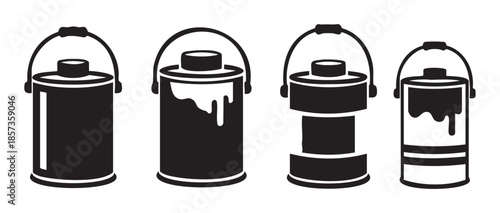 Four different paint cans with handles are depicted in a simple graphic illustration style, some showing dripping paint, representing home improvement and artistic projects.