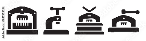 Four different stylized hole punchers are presented as simple black and white icons, illustrating various designs for office and craft use.