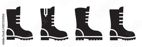 Collection of black combat boots icons, illustrating different styles of rugged and protective footwear for various demanding environments.