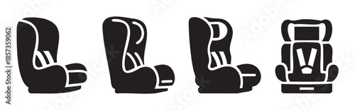 Child car seats safety equipment icons set for automotive travel, illustrating various stages of infant and toddler restraint systems.
