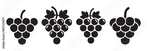 Grape icons set featuring various stylized black silhouettes, perfect for wine labels, fruit packaging, or vineyard branding designs.