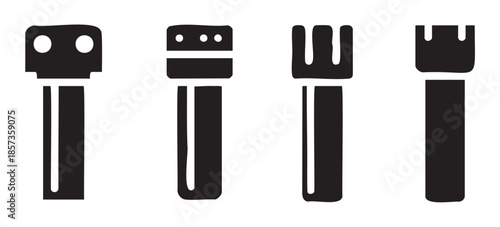 Stylized black graphic icons representing various tools and implements are arranged in a row, showcasing their distinct shapes and designs.