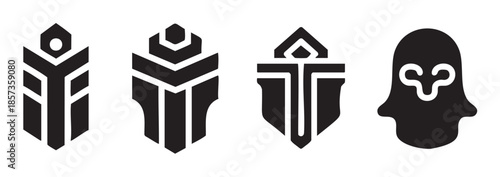 Abstract geometric symbols and icons representing diverse concepts like identity, spirituality, and mystery, suitable for modern branding and digital design.