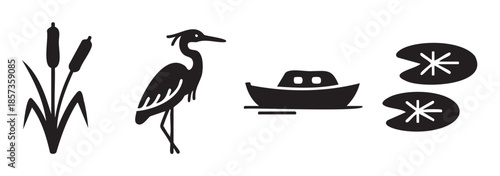 Cattails, heron, boat, and lily pads are depicted as a set of minimalist black silhouette icons representing a serene wetland environment.