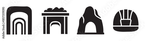 Various cave and mine entrance symbols are depicted in a minimalist black and white icon set, representing different types of underground openings and shelters.