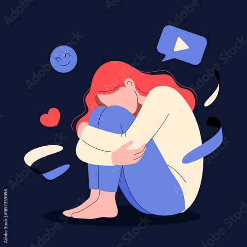 A female figure sits curled up, expressing a sense of sadness and isolation, surrounded by icons representing social media and emotions in a dark setting.