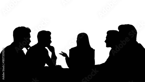 Silhouetted figures of professionals collaborating and exchanging ideas in a productive meeting.